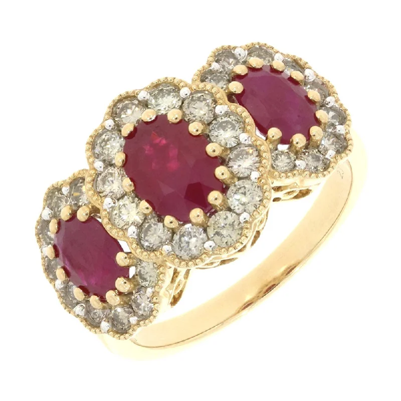 Tennis - Style Women's Diamond Rings with a Continuous Row of Diamonds for a Classic and Versatile LookPre Owned 9ct Yellow Gold Ruby and Diamond Triple Cluster Ring