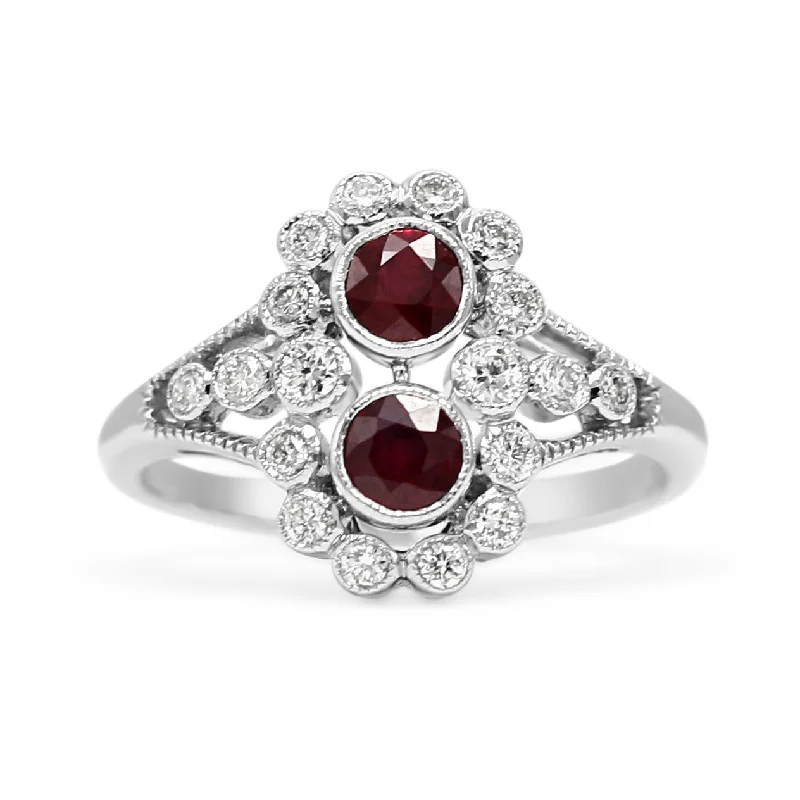 Halo - Style Women's Diamond Rings with a Center Diamond Surrounded by Smaller Diamonds in 18K Gold18ct White Gold Diamond & Ruby Ring, Diamond Shoulders