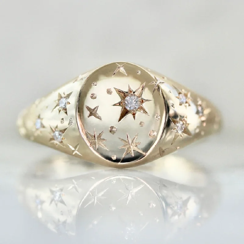 Marquise - Cut Women's Diamond Rings in Palladium for a Unique and Elongated ShapeOrion Star Engraved Celestial Diamond Signet Ring