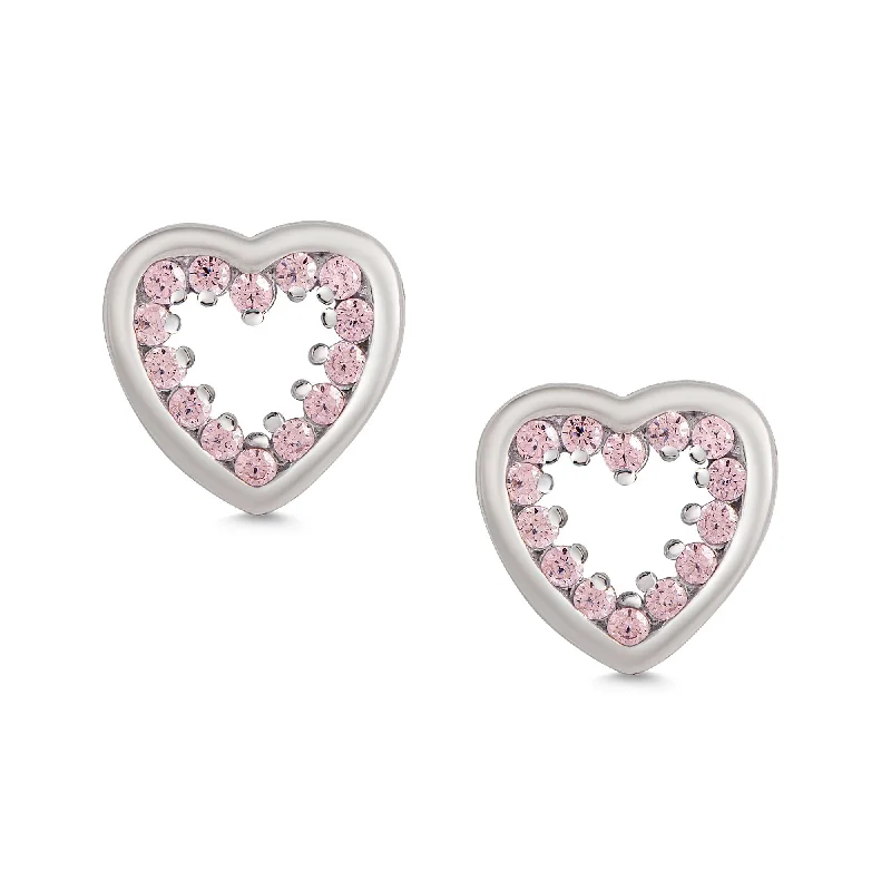 Rhinestone - Embellished Crown - Shaped Stud Earrings for a Princess - Inspired LookInlaid Pink CZ Open Heart Stud Earrings in Sterling Silver