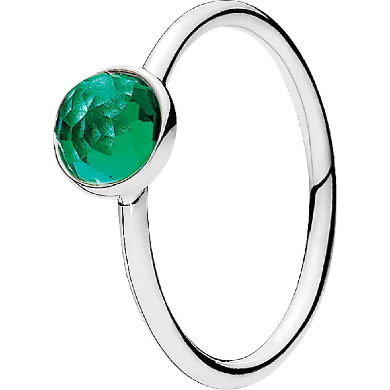 Minimalist Fashion Rings in Stainless Steel with a Single Solitaire CrystalMay Droplet Silver Feature Ring W Green Crystal