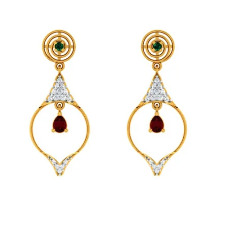 Vintage - Style Women's Diamond Rings with Floral - Engraved Bands and Multiple Diamond AccentsDiamond Embedded Drop Dangler With Precious Red Stone In 14k Gold Earrings