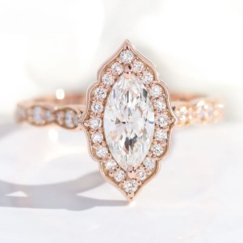 Vintage - Style Women's Diamond Rings with Floral - Engraved Bands and Multiple Diamond AccentsMarquise Cut Lab Diamond Ring w/ Natural Diamonds in Vintage Floral Ring