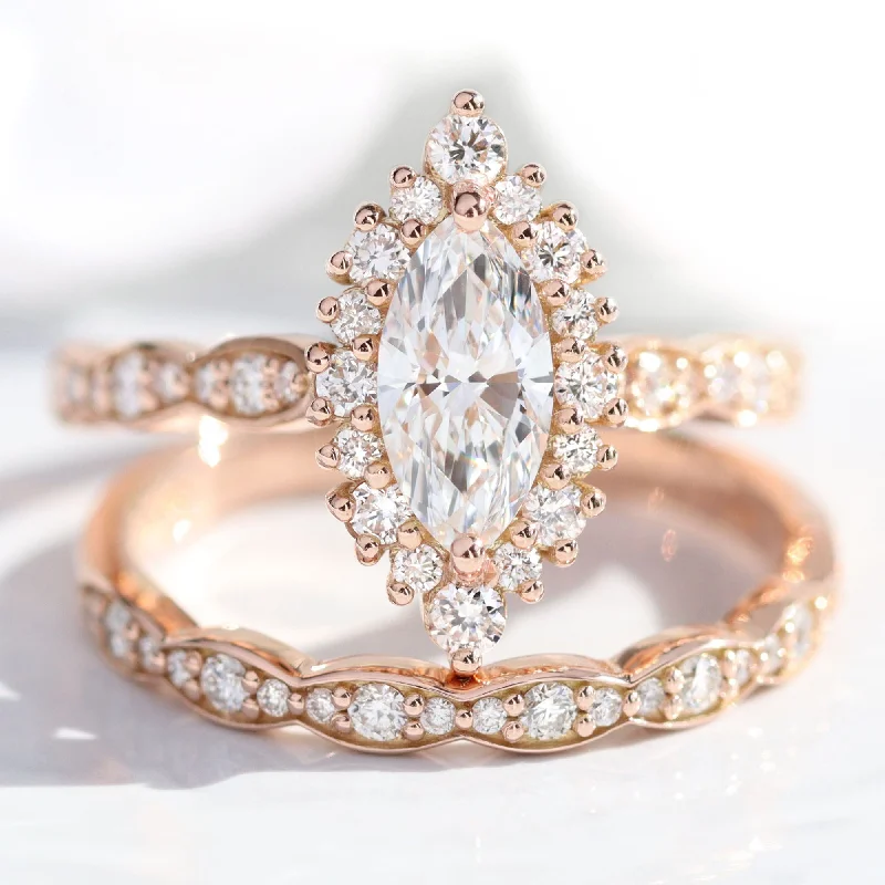 Pear - Shaped Women's Diamond Rings in Yellow Gold with a Single - Diamond Pendant LookMarquise Diamond Halo Scalloped Ring w/ Lab Diamond and Matching Wedding Band