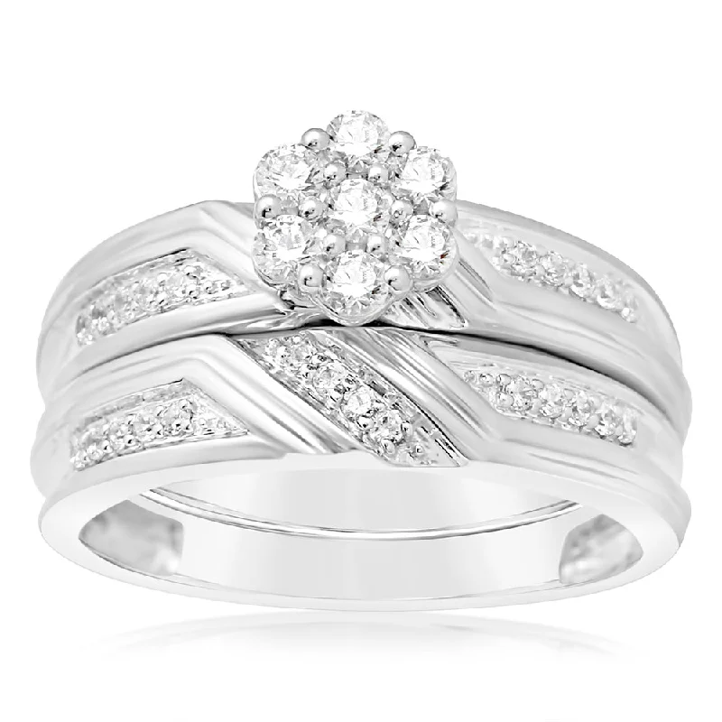 Art Deco - Inspired Women's Diamond Rings with Geometric Designs and Baguette - Cut DiamondsLuminesce Lab Grown 2/5 Carat Diamond Flower Shaped Bridal Set Ring in 9ct White Gold