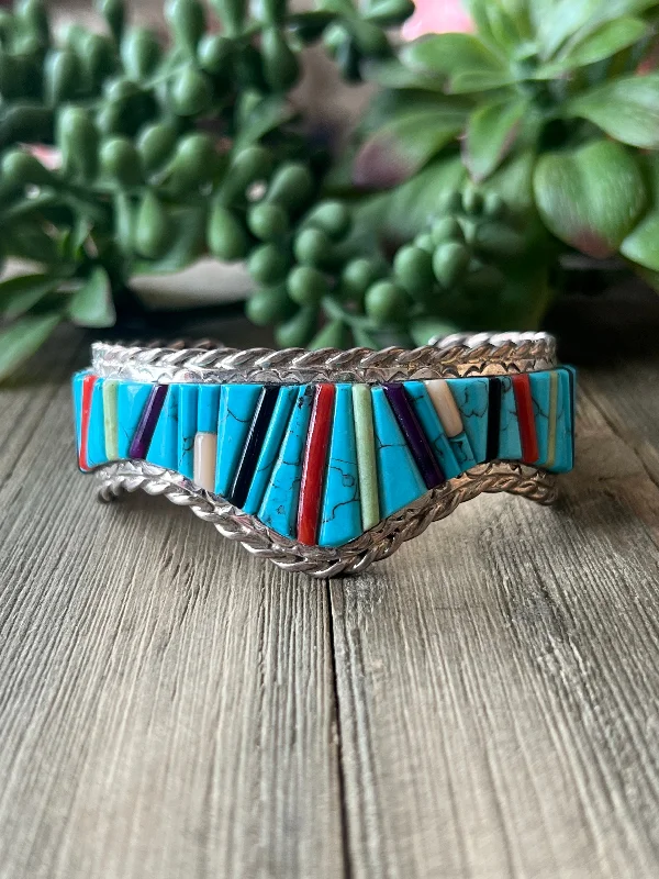 Women's Cuff Bracelets with Personalized Initials or Names for a Customized GiftNavajo Made Multi Stone/Cobblestone & Sterling Silver Inlay Cuff Bracelet