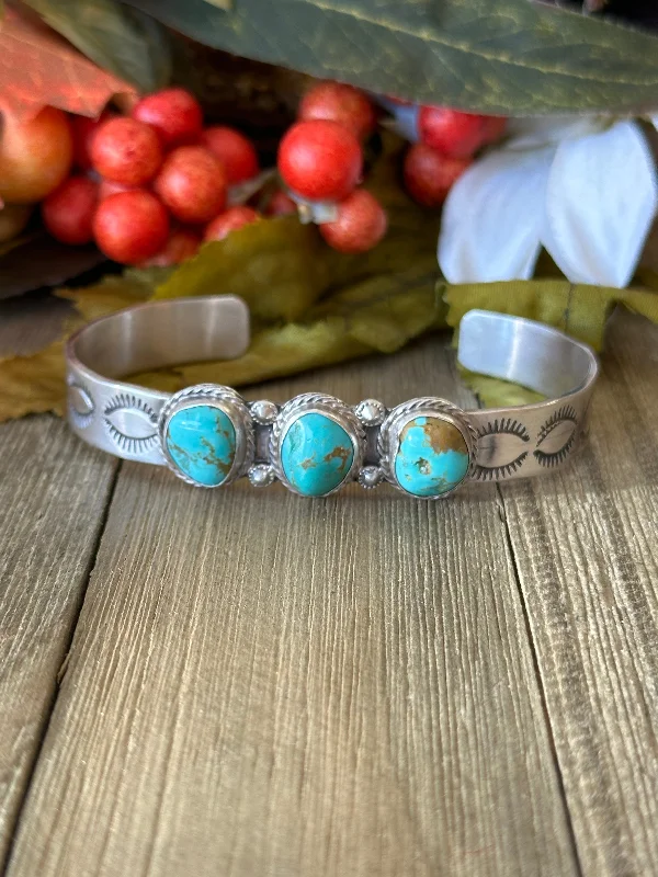 Wooden Women's Cuff Bracelets with Carved Motifs for a Natural and Artistic LookNavajo Made Kingman Turquoise & Sterling Silver Cuff Bracelet