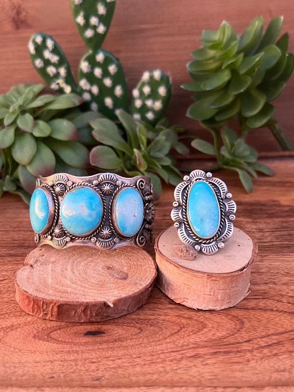 Leather - and - Metal Combo Women's Cuff Bracelets in Rustic Brown for a Western StyleNavajo Big Nugget Turquoise & Sterling Silver Cuff Bracelet & Ring Set Size 8