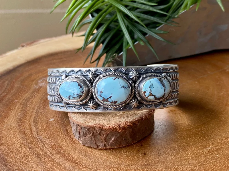 Stackable Women's Cuff Bracelets in Different Sizes and Materials for Layered StylingJereme Delgarito Golden Hills Turquoise & Sterling Silver Cuff Bracelet