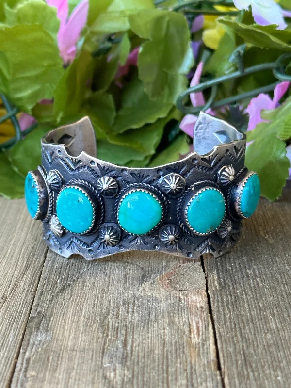 Silk - Wrapped Women's Cuff Bracelets in Soft Pastels for a Delicate and Elegant AppearanceNavajo Made Kingman Turquoise & Sterling Silver Cuff Bracelet