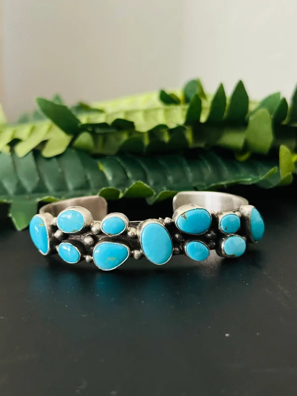 Silk - Wrapped Women's Cuff Bracelets in Soft Pastels for a Delicate and Elegant AppearanceBobby Johnson Kingman Turquoise & Sterling Silver Cluster Cuff Bracelet