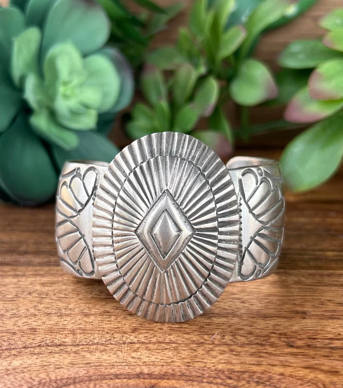 Wooden Women's Cuff Bracelets with Carved Motifs for a Natural and Artistic LookOld Pawn Dexter Martinez Sterling Silver Concho Cuff Bracelet