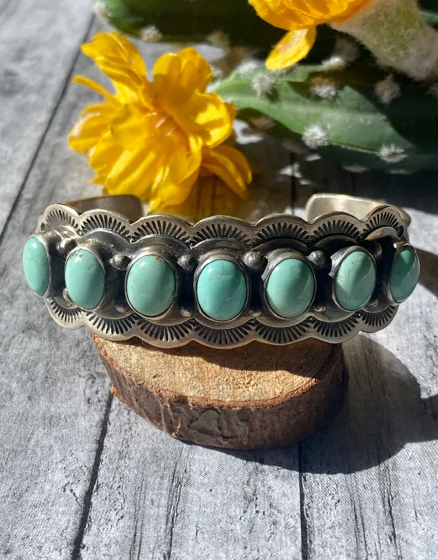 Women's Cuff Bracelets with Hamsa Hand Charms for Protection and Good LuckVintage Bobby Johnson Kingman Turquoise & Sterling Silver Cuff Bracelet