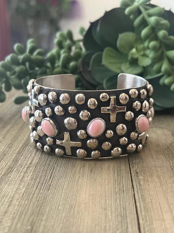 Women's Cuff Bracelets with Tassel Decorations for a Boho - Chic StyleChimney Butte Pink Conch Shell & Sterling Silver Cuff Bracelet