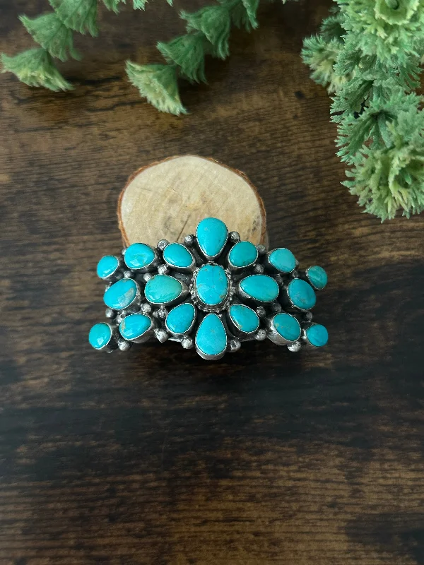 Magnetic Closure Women's Cuff Bracelets with Crystal Embellishments for Easy WearBobby Johnson Kingman Turquoise & Sterling Silver Cluster Cuff Bracelet