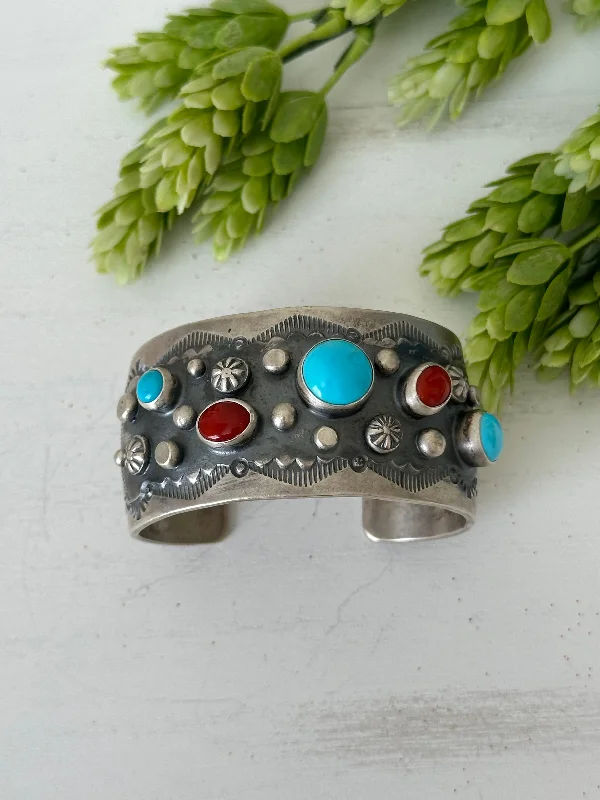 Large - Sized Women's Leather Cuff Bracelets with Studded Details for a Punk - Rock VibeDelbert Secatero Multi Stone & Sterling Silver Cuff Bracelet