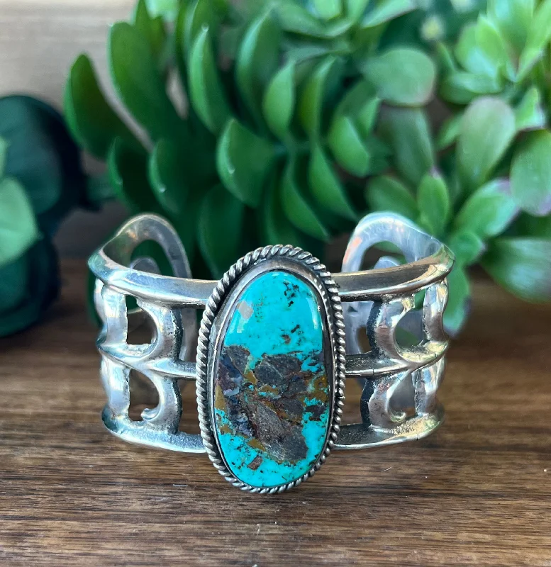 Women's Cuff Bracelets with Hamsa Hand Charms for Protection and Good LuckVintage Mike Platero Royston Turquoise & Sterling Silver Cuff Bracelet