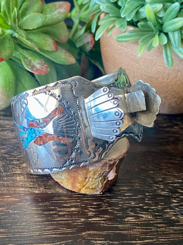 Rose Gold - Toned Women's Cuff Bracelets with Cubic Zirconia for a Glamorous LookVintage Navajo Made Turquoise & Coral Sterling Silver Watch Cuff Bracelet