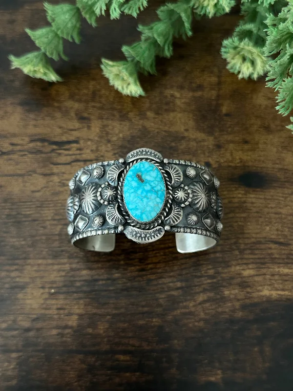 Enamel - Painted Women's Cuff Bracelets in Bold Colors for a Pop of ColorJeff James Birds Eye Kingman Turquoise & Sterling Silver Cuff Bracelet