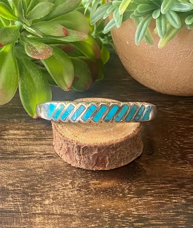 Stackable Women's Cuff Bracelets in Different Sizes and Materials for Layered StylingVintage Navajo Made Kingman Turquoise & Sterling Silver Inlay Cuff Bracelet