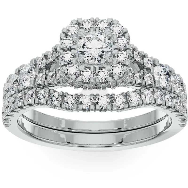 18K White Gold Classic Round - Cut Diamond Wedding Bands for a Timeless and Elegant Look1 1/4Ct Cushion Halo Diamond Engagement Wedding Ring Set in White or Yellow Gold