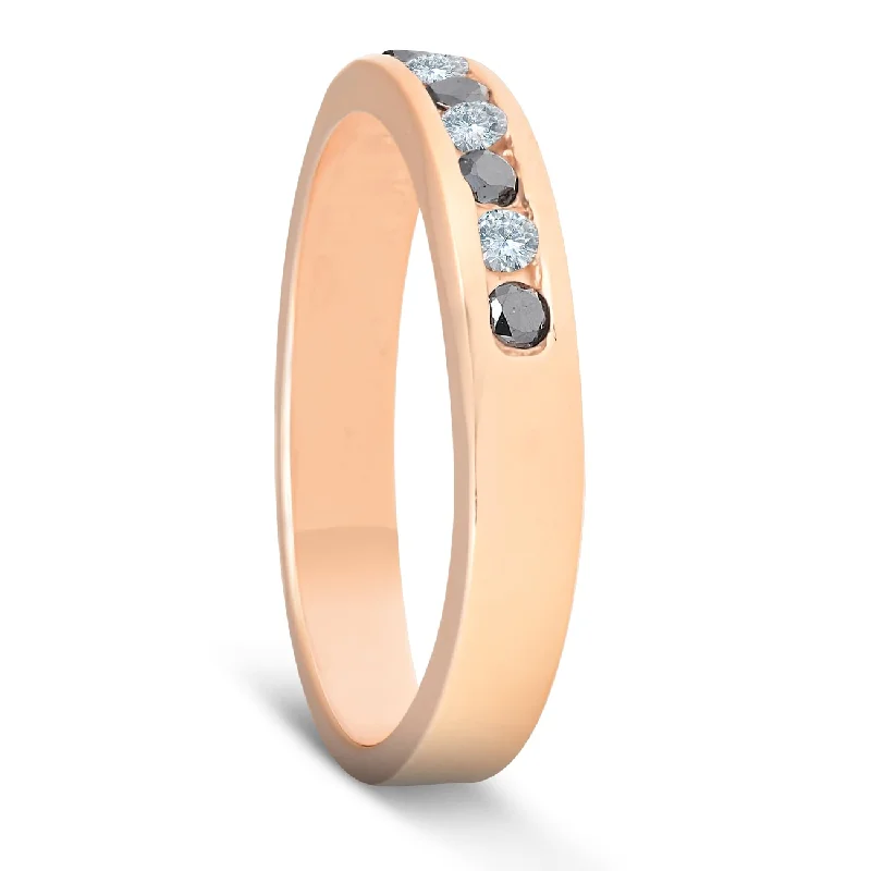 Two - Tone Gold and Silver Wedding Bands with a Twist Design for a Contemporary and Eye - Catching Style1/4ct Black & White Diamond Ring Rose Gold Womens Wedding Stackable Band