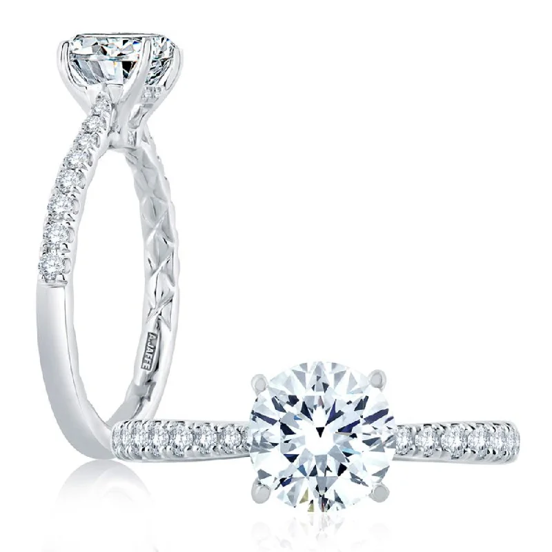 Cathedral - Style Engagement Rings with a Raised Center Stone and Intricate MetalworkA. Jaffe Tapered Diamond Pave Engagement Ring with Quilted Interior