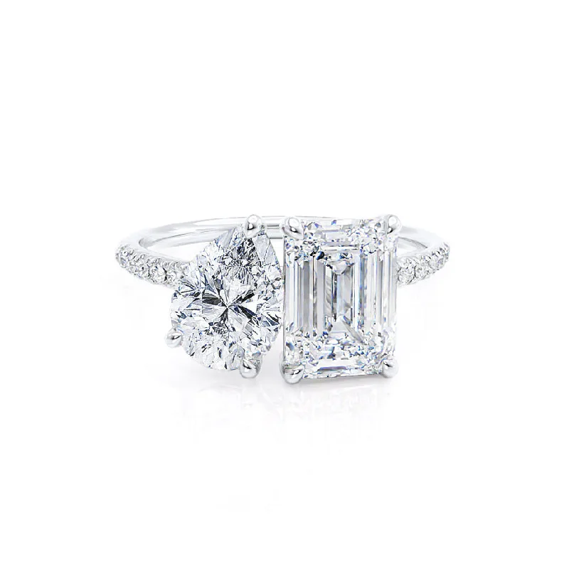 Cushion - Cut Halo Engagement Rings with a Platinum Band and Micro - Pave DetailsCELESTE - Toi et Moi Lab Diamond Emerald & Pear Diamond Band Ring 950 Platinum