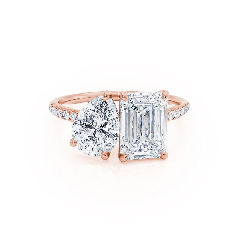 Pear - Shaped Engagement Rings in Yellow Gold with a Diamond - Encrusted BandCELESTE - Toi et Moi Moissanite Emerald & Pear Diamond Band Ring 18k Rose Gold