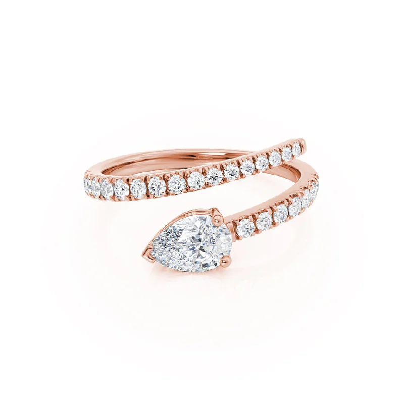 Three - Stone Engagement Rings Symbolizing Love's Past, Present, and Future with Asscher - Cut DiamondsCELESTINE - Pear Moissanite Split Shank Ring 18k Rose Gold