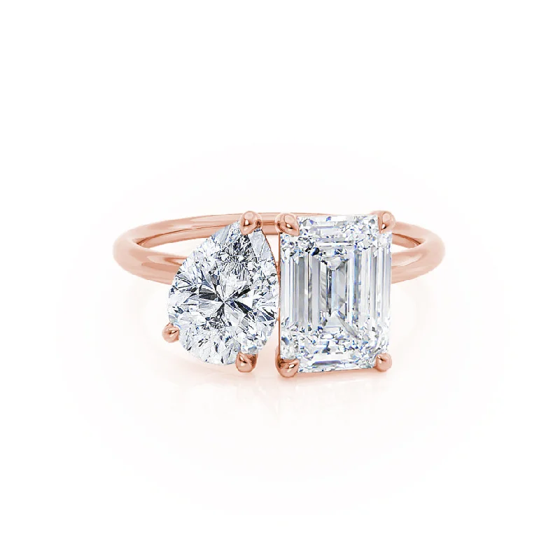 Engagement Rings with Sapphire and Diamond Combinations in a Vintage StyleCOMET - Toi Et Moi Moissanite Emerald & Pear Cut Ring 18k Rose Gold