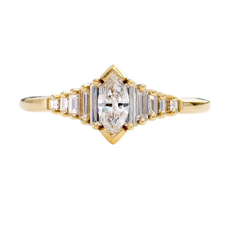 Three - Stone Engagement Rings Symbolizing Love's Past, Present, and Future with Asscher - Cut DiamondsDainty Deco Engagement Ring with Marquise Diamond