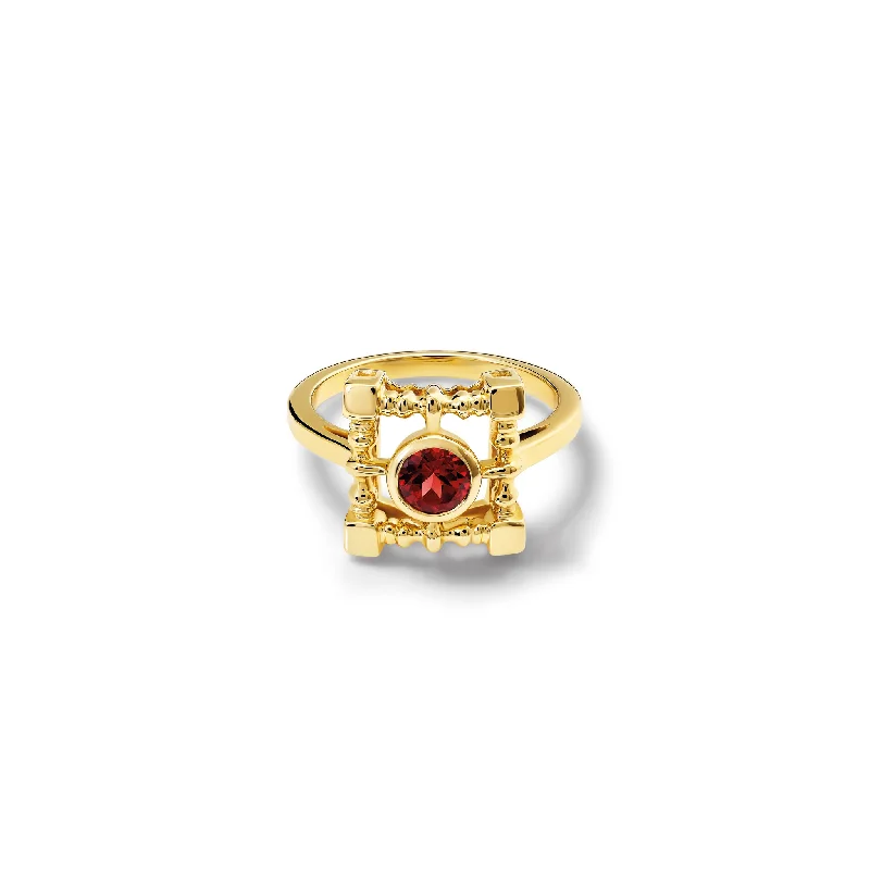 Classic Round Cut Engagement Rings with Platinum Prongs and Halo Setting for Timeless EleganceMashrabiya Trellis Square Ring Yellow Gold - Garnet