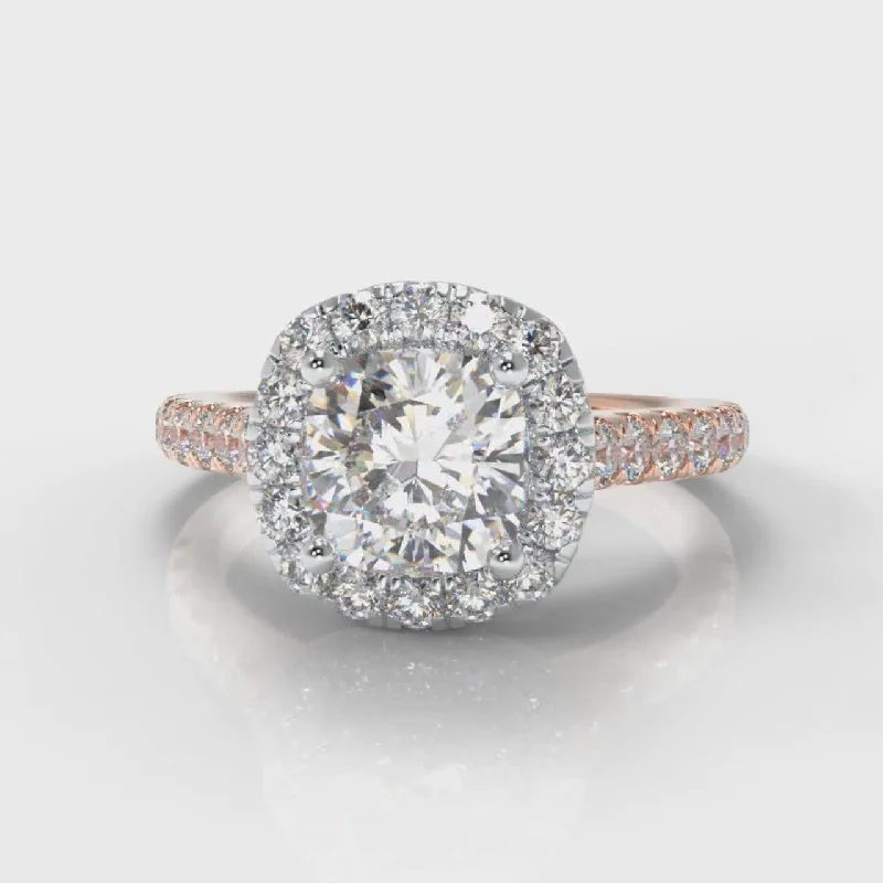 Art Deco Engagement Rings with Geometric Patterns and Baguette - Cut Diamond AccentsMicropavé Cushion Cut Diamond Halo Engagement Ring - Two Tone Rose Gold