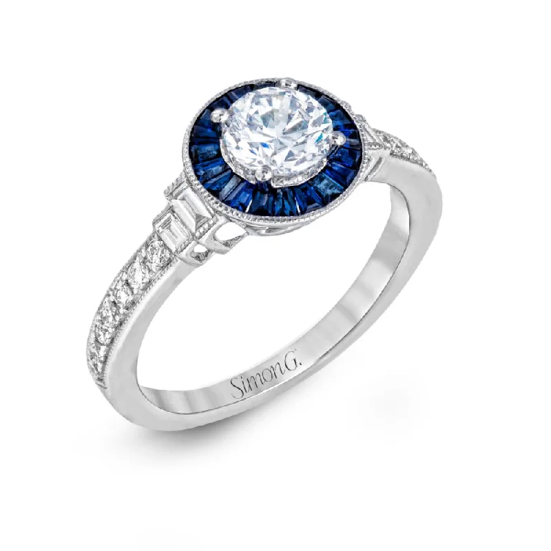 Princess Cut Engagement Rings in 18K White Gold with Micro - Pave Side StonesSimon G. Round-Cut Engagement Ring with Sapphire Halo