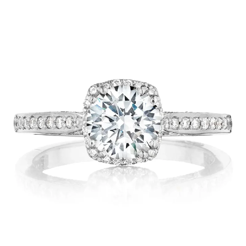 Cushion - Cut Halo Engagement Rings with a Platinum Band and Micro - Pave DetailsTacori Dantela Round Bloom Engagement Ring