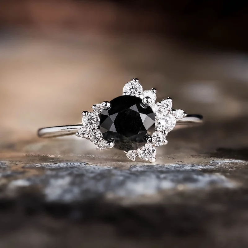 Cluster Engagement Rings with Multiple Small Diamonds Arranged in a Stunning DesignThe Nova - Celestial Natural Black Diamond Engagement Ring with Diamond Cluster Accents