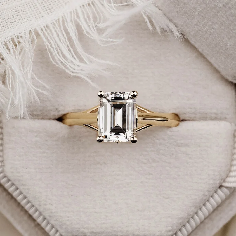 Three - Stone Engagement Rings Symbolizing Love's Past, Present, and Future with Asscher - Cut DiamondsThe Rosalie - Emerald Cut Diamond Engagement Ring with a Split Shank