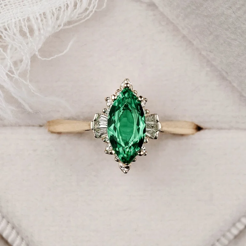 Marquise Cut Engagement Rings with a Channel - Set Diamond BandThe Verdeline -  Green Emerald Marquise Engagement Ring with Natural Diamond Halo