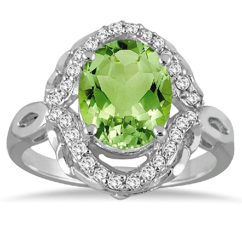 Peridot Gemstone Rings in 14K Gold - Filled Metal with a Pave - Set Band for a Sparkling Look3 1/2 Carat Oval Peridot and Diamond Ring in 10K White Gold