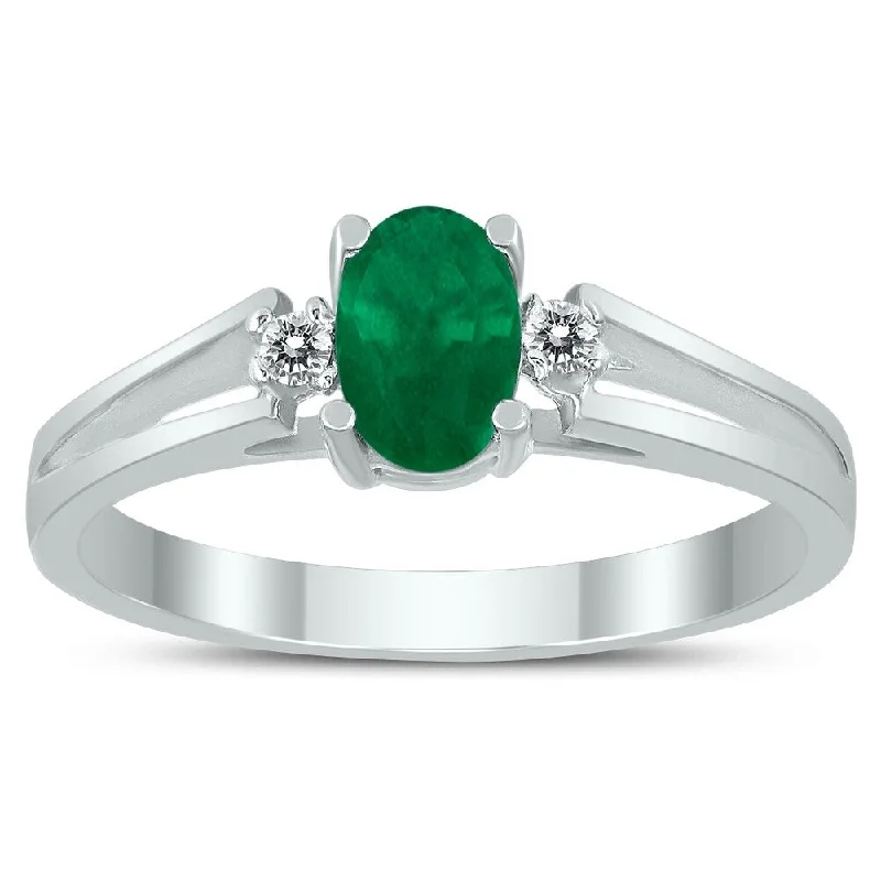 Emerald Gemstone Rings Set in Platinum with Filigree Work for a Vintage - Inspired Look6X4MM Emerald and Diamond Open Three Stone Ring in 10K White Gold