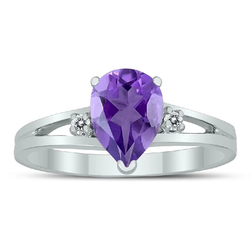 Topaz Gemstone Rings in 10K Gold with a Channel - Set Design for a Contemporary and Durable Option8X6MM Amethyst and Diamond Pear Shaped Open Three Stone Ring in 10K White Gold