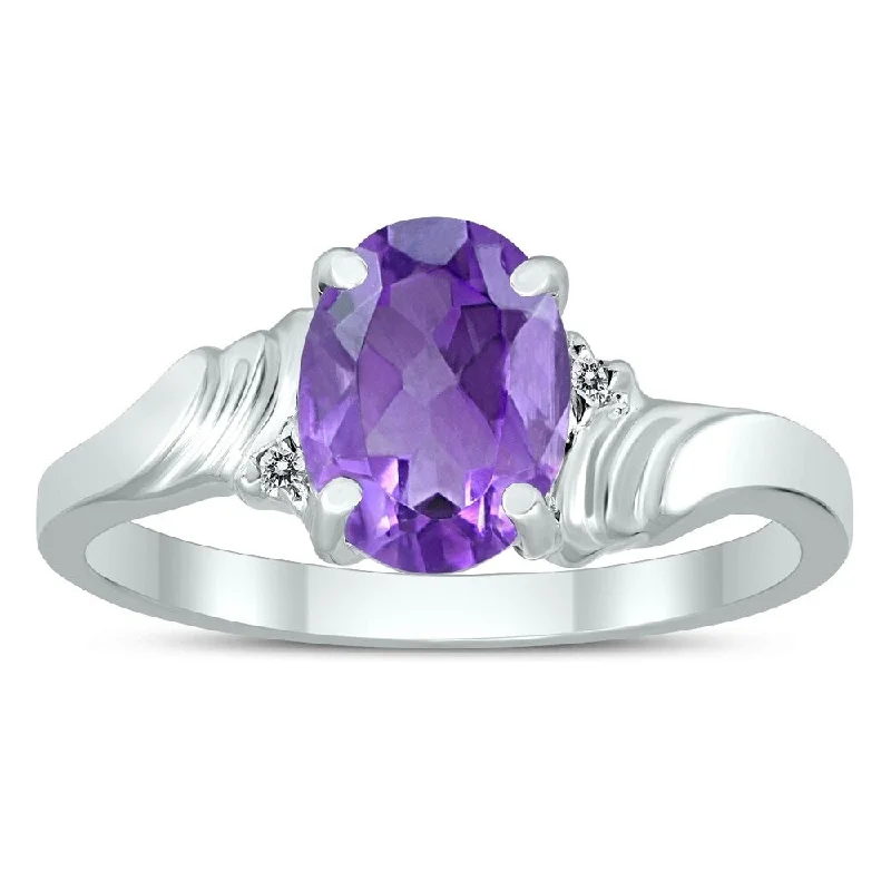 Agate Gemstone Rings in Sterling Silver with a Mosaic - Inspired Inlay for a Bohemian Style8X6MM Amethyst and Diamond Wave Ring in 10K White Gold