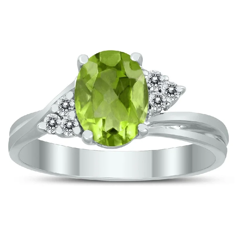 Peridot Gemstone Rings in 14K Gold - Filled Metal with a Pave - Set Band for a Sparkling Look8X6MM Peridot and Diamond Twist Ring in 10K White Gold