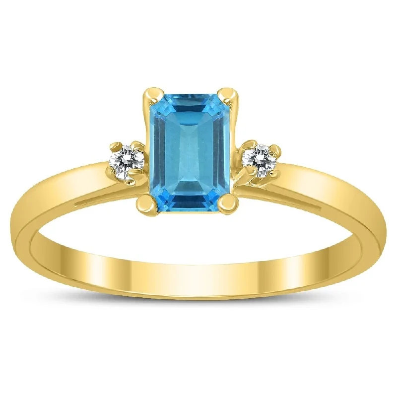 Aquamarine Gemstone Rings in 9K Gold with a Bezel Setting for a Modern and Secure FitEmerald Cut 6X4MM Blue Topaz and Diamond Three Stone Ring in 10K Yellow Gold