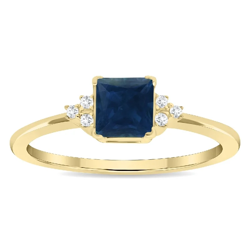 Aquamarine Gemstone Rings in 9K Gold with a Bezel Setting for a Modern and Secure FitWomen's Square Shaped Sapphire and Diamond Half Moon Ring in 10K Yellow Gold