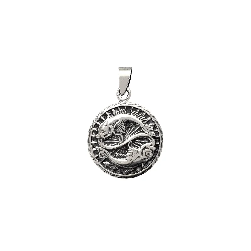 Cross - Stitch - Embroidered Floral Pendant Necklace for Handicraft AficionadosAntique Finish Pisces Zodiac Sign Round Pendant (Silver)