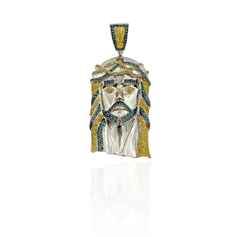 Retro - Inspired Art Deco - Patterned Pendant in Silver for Vintage LoversBlue and Yellow Diamond Jesus Head Pendant (14K)