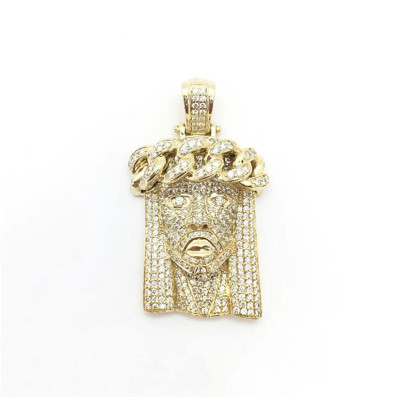 Statement - Making Large - Gemstone - Studded Geometric Pendant Necklace for Evening PartiesIced-Out Diamond Crowned Jesus Head Pendant (10K)