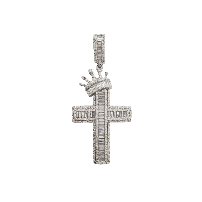 Pave - Set Cubic Zirconia Crown Pendant Necklace for Little Princess - Themed Birthday PartiesIced-Out Cross with Crown Pendant (Silver)